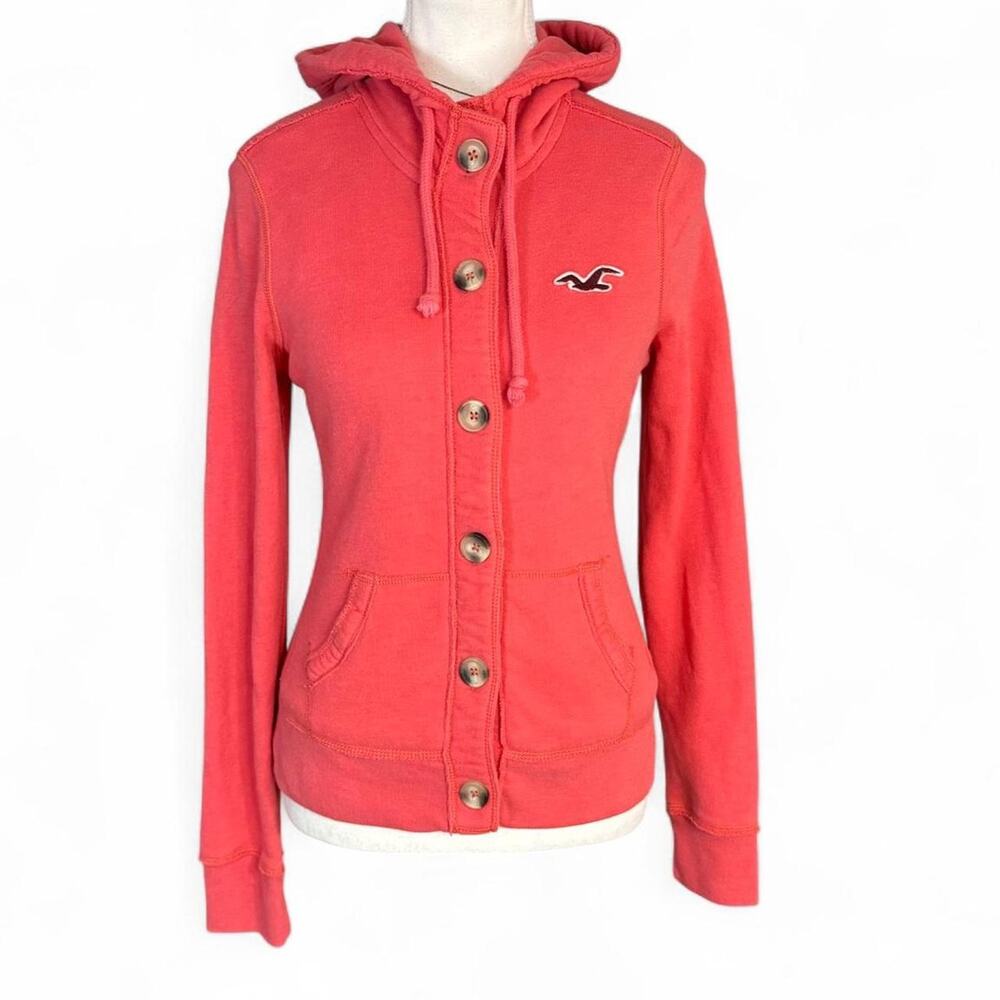Vintage Hollister Co. coral pinkish-red button up hoodie with hood size M 2000s